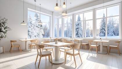 Fototapeta premium 雪の見えるホワイトカフェ｜冬のぬくもりを感じる癒し空間
