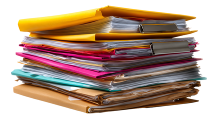 Stack of Documents: A towering stack of colorful folders and papers, symbolizing the organized yet overwhelming nature of administrative tasks and paperwork.