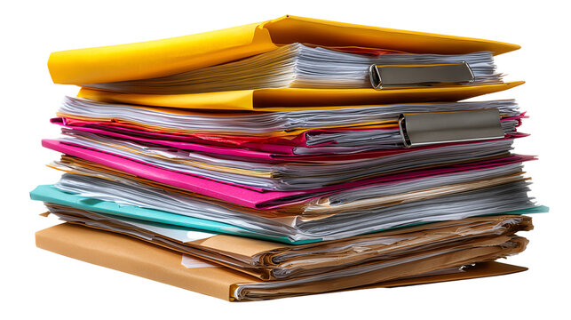 Stack of Documents: A towering stack of colorful folders and papers, symbolizing the organized yet overwhelming nature of administrative tasks and paperwork.