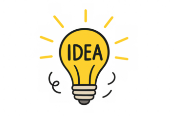 Light bulb drawing with idea text shining, symbolizing creative thinking, inspiration, and innovation on transparent background