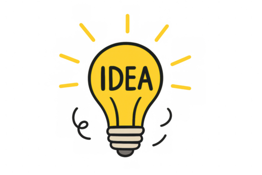 Light bulb drawing with idea text shining, symbolizing creative thinking, inspiration, and innovation on transparent background