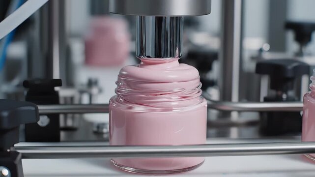 Automated filling nozzle extruding pale pink face cream into a clear glass jar on a cosmetic production line, volumetric dosing for skincare manufacturing and packaging, swirling texture close‑up