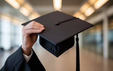 Hand Gripping a Graduation Cap Against a Blurry Interior Background