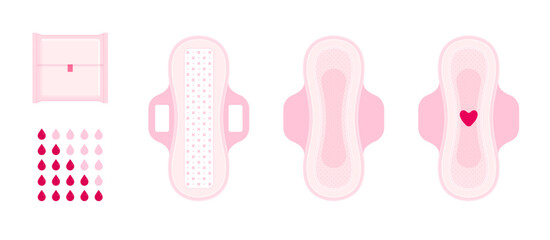 Set of pink menstrual pads with wings, packaging and flow indicator. Feminine hygiene, period, health and self-care concept. Flat vector illustration isolated on white background
