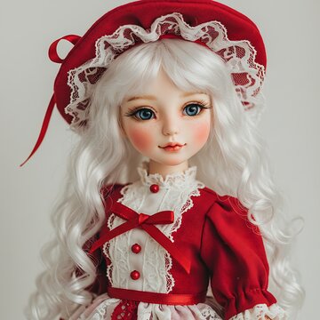 Beautiful Ball Jointed Doll Wearing Red Victorian Dress and Hat.