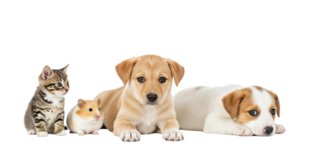 Cute kitten, hamster, and two puppies lying down on white background, adorable pets, perfect for pet care and animal themes