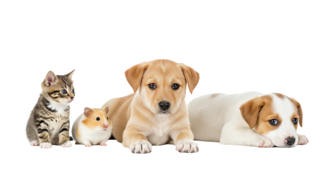 Cute kitten, hamster, and two puppies lying down on white background, adorable pets, perfect for pet care and animal themes