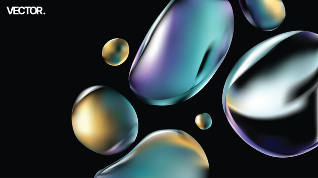 Iridescent Liquid Bubbles on Black Background A Captivating Abstract 3D Vector Artwork