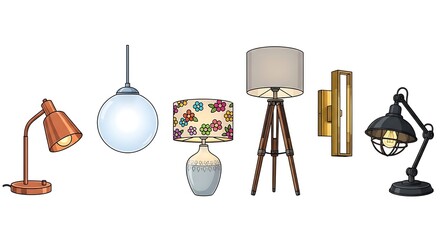 Illustration of various lamps including desk lamps pendant lights and a tripod floor lamp on white