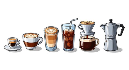 An assortment of coffee drinks and brewing methods including espresso latte iced coffee and pour over style
