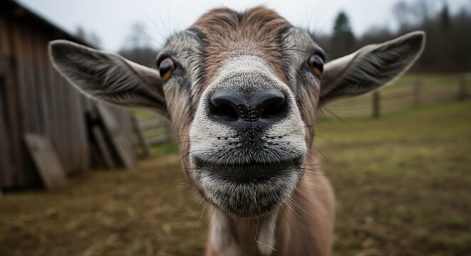 Close up of a curious goat face with big ears and a funny expression.