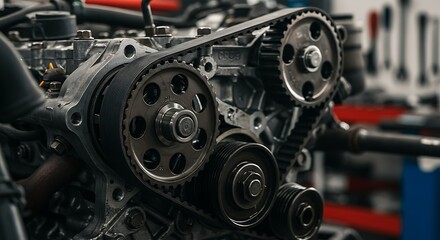 Fototapeta premium Close-up of a Car Engine with Timing Belt and Gears.
