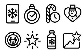 Festive Fitness Apps outline icon set: snowflake dashboard, ornament goal badge, candy cane timer, frosty heart icon, reindeer progress ring, glowing achievement star, holiday