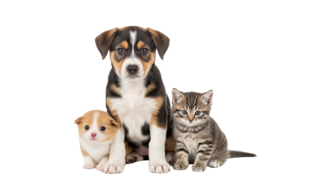 Cute puppy and kitten sitting together isolated on black background, adorable pets and animals, perfect for pet care and adoption concepts