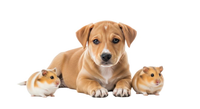 Cute puppy lying down with two hamsters on white background, isolated pets perfect for animal lovers and pet care themes