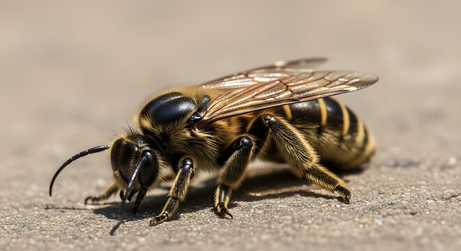 Close-up of a solitary bee resting on a textured surface.