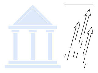 Classical columned building symbolizing a financial or government institution with dynamic upward arrows implying growth. Ideal for economics, progress, success, development, banking, institutions