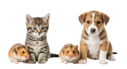 Cute puppy, kitten, and hamsters sitting together isolated on white background, adorable pets for animal lovers and pet care content
