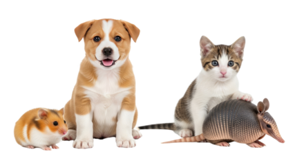 Cute puppy, kitten, hamster, and armadillo sitting together on white background, adorable pets and animals, perfect for pet care and veterinary themes