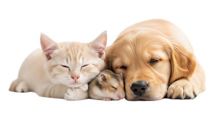 Cute sleeping trio of a light orange tabby kitten, a small hamster, and a golden retriever puppy lying close together, perfect for pet and animal themes
