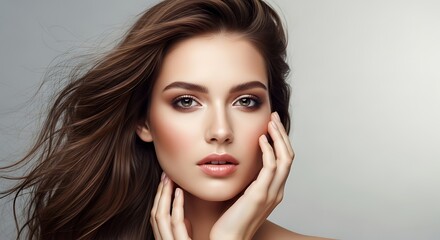 Naklejka premium Elegant woman with stunning makeup and flowing brown hair.