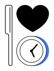 Toothbrush, black heart, and clock arranged to symbolize health, self-care, and time management. Ideal for wellness, hygiene, routine medical fitness mindfulness healthcare themes. A simple flat