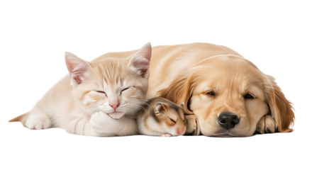 Golden retriever dog, ginger kitten, and hamster sleeping together peacefully, cute trio of pets resting, perfect for pet care and animal friendship themes