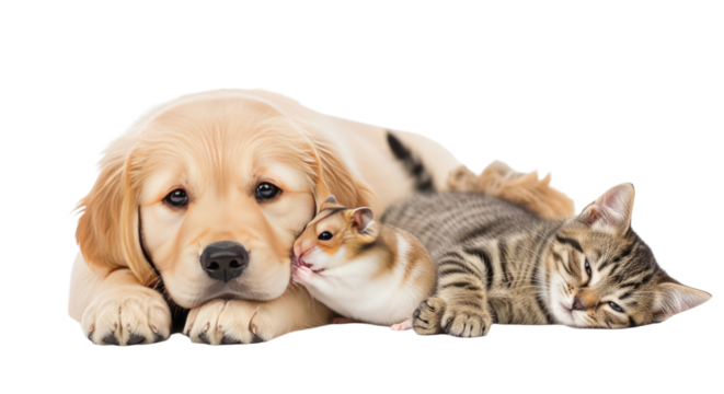 Golden retriever puppy cuddling with a hamster and a tabby kitten sleeping together, adorable pets resting, perfect for pet care and animal friendship themes