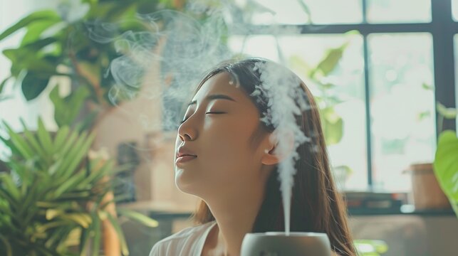 Young Asian woman with eyes closed inhales mist from an aromatherapy diffuser, finding relaxation and wellness in a calm home environment with lush plants.