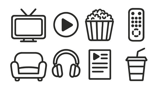 Streaming Night set of icons in doodle hand-drawn vector style: TV screen, play button, popcorn bowl, remote control, couch, headphones, movie list, soft drink.