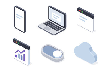 Digital zoom out set icons in modern isometric flat vector style: smartphone, laptop, app window, chart, toggle switch, cloud.