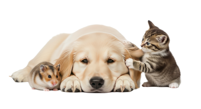 Golden retriever puppy lying down with a hamster and kitten playing beside it, adorable pets together, perfect for pet care and animal companionship themes