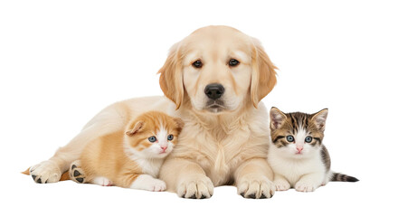 Obraz premium Golden retriever puppy lying down with two kittens on white background, adorable pet friendship, perfect for animal lovers and pet care themes