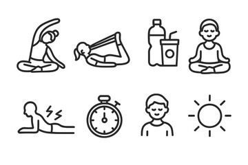 Restorative Fitness outline icon set: gentle yoga, stretching band, towel, recovery drink, relaxed figure, muscle relief, timer, peaceful glow. , , High resolution, sharp