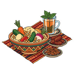 Couscous vegetables tea dates almonds food healthy diet meal