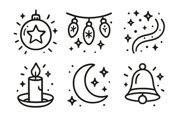 Obraz premium Holiday Magic outline icon set: glowing ornament, twinkling lights, magic dust, candle, moon, bell.