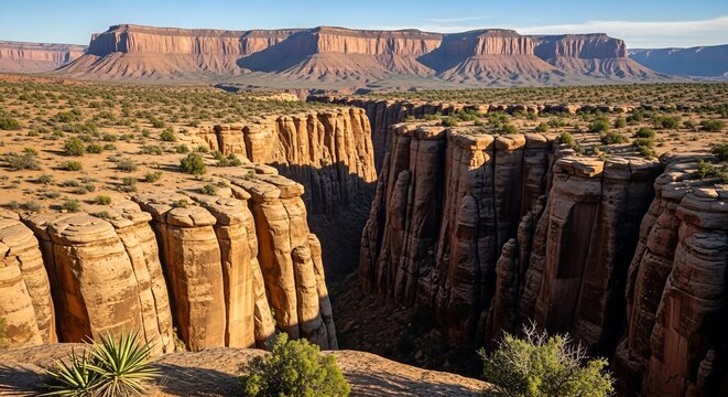 A breathtaking panoramic view of a deep, winding canyon cutting through an arid desert landscape with majestic mesas under a clear blue sky.