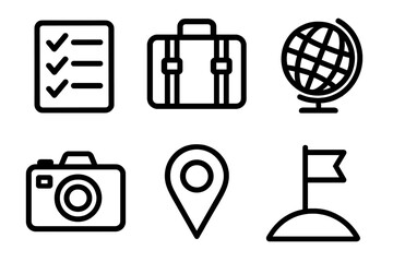 Bucket List Travel outline icon set: checklist, suitcase, world globe, photo camera, location pin, milestone flag.