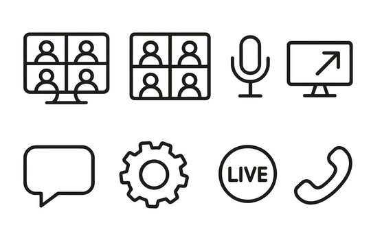 Video Conferencing outline icon set: group video call, user tiles, microphone button, share screen icon, message bubble, settings gear, live recording, hang up icon.