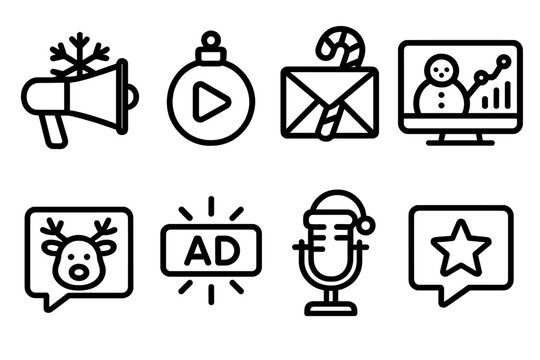 Festive Marketing Channels outline icon set: snowflake megaphone, ornament video icon, candy cane email, frosty analytics chart, reindeer chat bubble, glowing ad banner, holiday