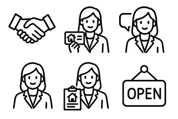 Real Estate Agents outline icon set: handshake, business card, speech bubble, clipboard, smiling agent, open sign.
