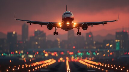 Airplane landing on runway at dusk with city skyline illuminated in background