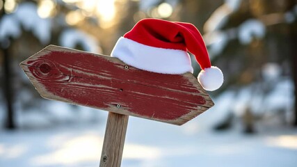 Red santa hat on a wooden arrow sign in snowy winter weather. Christmas or New Year holiday street direction concept footage. - Powered by Adobe