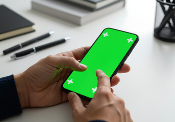 Close-up of hands holding a smartphone with a blank green screen, ready for use.