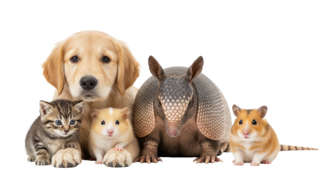 Golden retriever puppy, kitten, hamster, guinea pig, and armadillo together on white background, cute pets group perfect for animal care or pet adoption themes