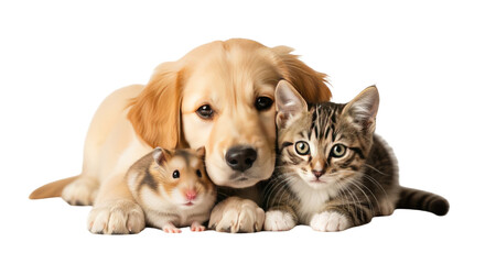 Obraz premium Golden retriever puppy, tabby kitten and hamster lying close together on white background, cute pet friendship concept, perfect for animal care and pet products