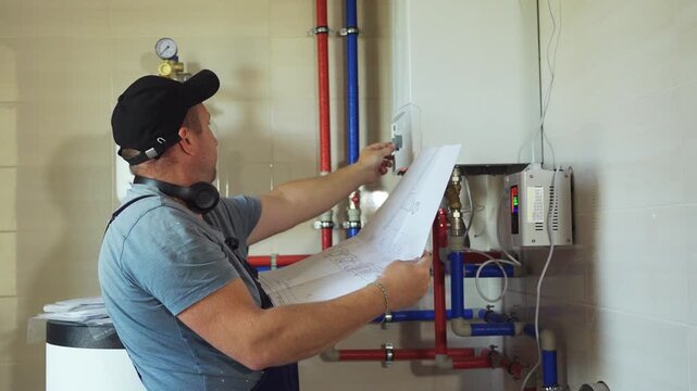 Technician or plumber adjusts heat supply to home according to instructions. Adjusting heating system in winter to conserve energy and reduce utility bills. Saving resources thanks to heating systems.