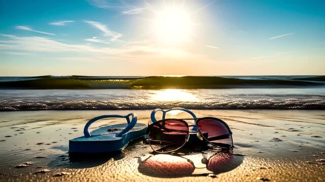 Summer beach scene with flip-flops and sunglasses at sunset by the ocean