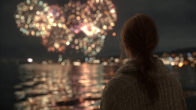 Back view of a solitary person watching vibrant fireworks explode in the night sky, captured in hyperrealistic detail with glowing reflections and atmospheric depth.
