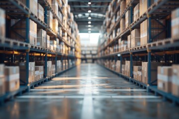 Warehouse interior with stacked boxes and shelves